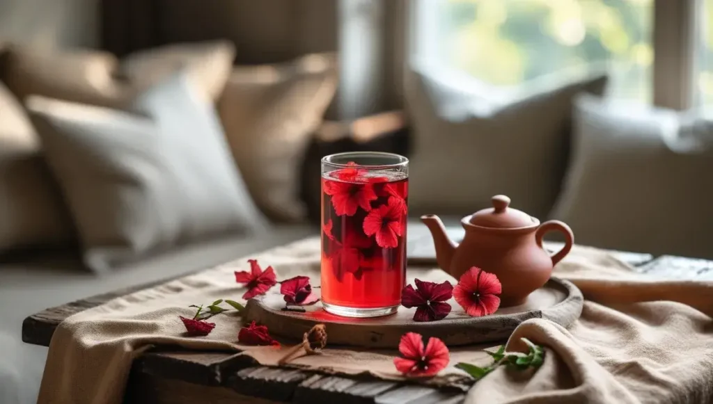 preparing hibiscus tea at home