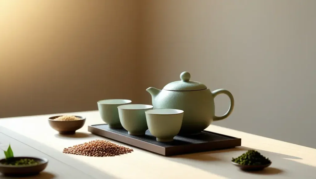 essential ingredients and tools for brewing genmaicha tea