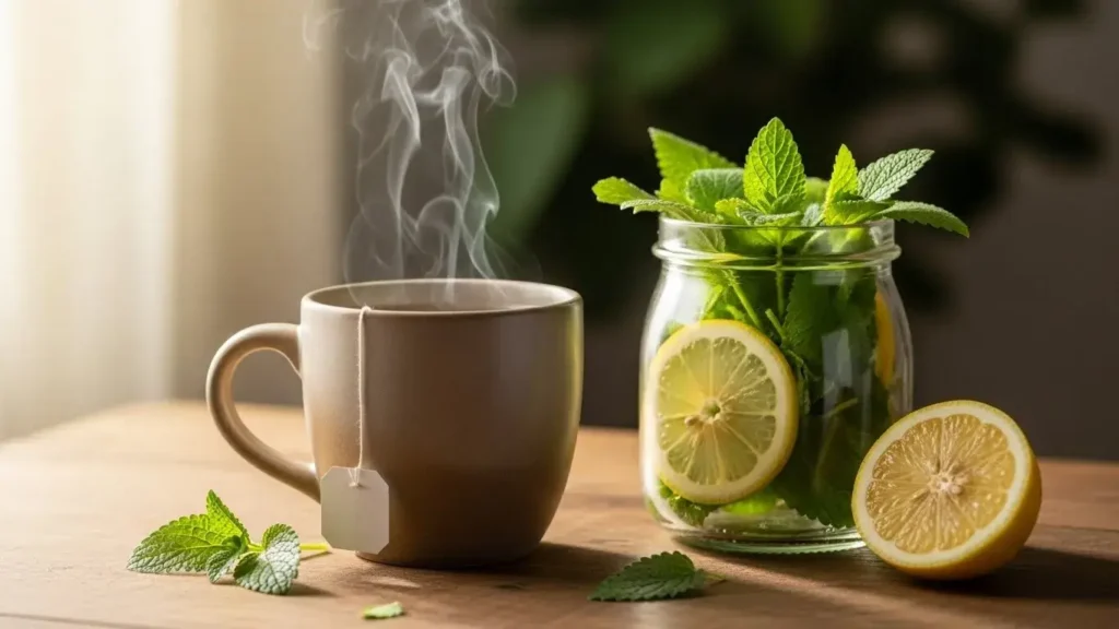 eases digestive discomfort with lemon balm tea