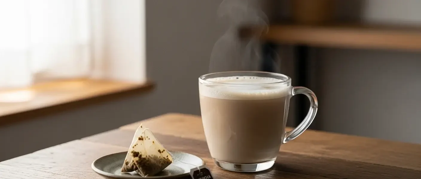 hojicha latte using tea bag