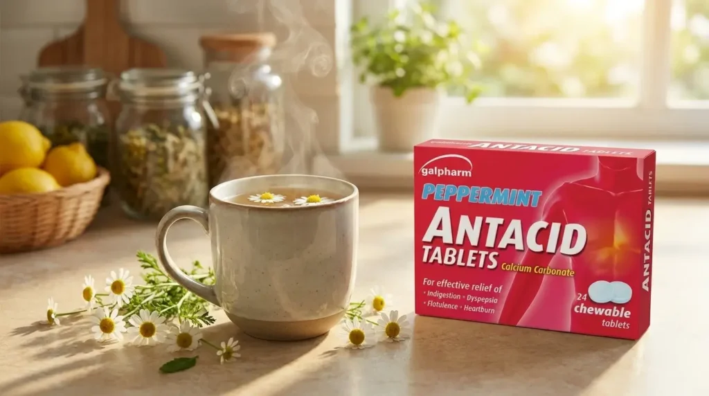A serene kitchen countertop featuring a warm cup of chamomile tea with delicate white flowers nearby, contrasting with a sleek bottle of conventional antacid tablets. In the foreground, the chamomile tea is steaming gently, surrounded by fresh chamomile blossoms, evoking a sense of calm and natural healing. The middle section showcases the antacids in a clean, modern design, hinting at their conventional medicinal purpose. The background includes softly blurred kitchen elements like organic ingredients and a sunny window, creating a cozy and inviting atmosphere. The lighting is warm and natural, highlighting the chamomile's soothing qualities while subtly contrasting with the clinical appearance of the antacids. The angle is slightly overhead, offering a balanced view of both subjects, emphasizing the comparison in a peaceful yet informative tone.