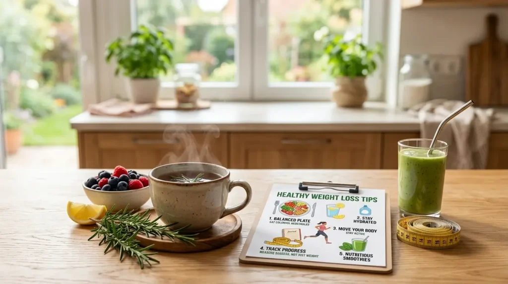 A bright, inviting kitchen setting showcasing a modern wooden table with a steaming cup of rosemary tea in the foreground, surrounded by fresh rosemary sprigs and vibrant fruits like lemon and berries. In the middle, a neatly organized selection of healthy weight loss tips displayed visually, featuring items like a measuring tape, a balanced plate of colorful vegetables, and a smoothie in a glass. The background consists of a softly blurred kitchen with natural light streaming in through a window, offering a warm and cheerful atmosphere. The composition captures an inspiring and motivational vibe, encouraging healthy lifestyle choices. Soft lighting enhances the colors, creating an uplifting mood, while the focus remains on the tea and the depicted weight loss tips.