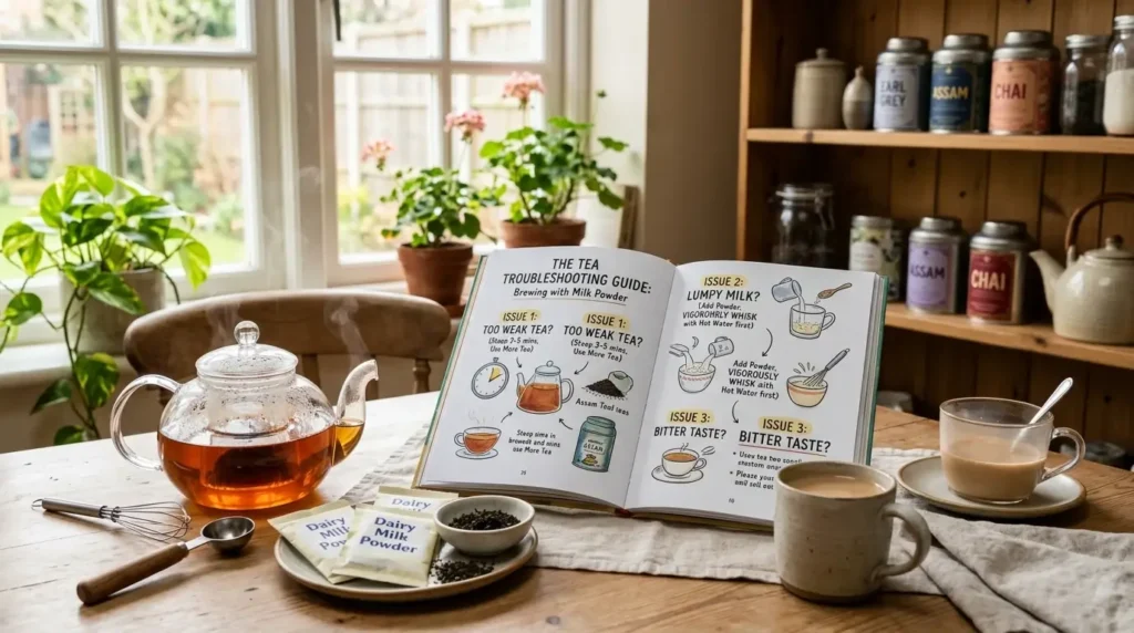 A beautifully arranged tabletop scene depicting a "Tea Troubleshooting Guide" for brewing tea with milk powder. In the foreground, showcase a clear glass teapot filled with freshly brewed tea, steam rising gently from it. Place a few utensils - a whisk, measuring spoon, and a plate of milk powder packets beside the teapot. In the middle, an open, illustrated guidebook rests on the table, its pages showing diagrams for common tea brewing issues like too weak tea or improper milk incorporation. The background features soft, natural lighting filtering through a kitchen window, with cozy elements like a potted plant and shelves filled with tea canisters. The overall mood should be inviting and educational, reflecting a warm kitchen atmosphere ideal for tea preparation.