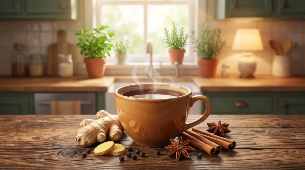 A visually engaging and informative illustration depicting the benefits and side effects of chai tea. In the foreground, a steaming cup of chai tea is presented on a wooden table, surrounded by ingredients like fresh ginger, cinnamon sticks, and star anise, beautifully arranged. In the middle layer, infographics, in an abstract style, subtly depict various benefits such as improved digestion and enhanced focus alongside potential side effects such as heartburn and caffeine sensitivity, without text. The background features a softly lit, cozy kitchen environment with warm, natural light cascading through a window, creating an inviting atmosphere. The overall mood is educational yet comforting, emphasizing the duality of health benefits and caution.