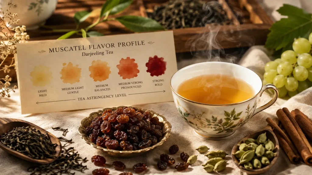 A beautifully styled flat lay composition showcasing the flavor profile of muscatel in tea. In the foreground, display a delicate porcelain tea cup filled with Darjeeling tea, steam gently rising, revealing its golden hue. Surround the cup with an elegant arrangement of dried muscatel grapes and a selection of aromatic spices like cardamom and cinnamon. In the middle ground, include a clear, concise scale to represent tea astringency levels, perhaps using watercolor splashes in varying intensities to illustrate flavor strength. The background should feature soft, blurred tea leaves and a wooden tea tray, creating a warm, inviting atmosphere. Lighting should be natural and soft, casting gentle shadows and enhancing the colors. The overall mood is serene and sophisticated, reflecting the complex nuances of Darjeeling tea.
